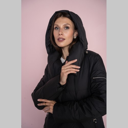 Куртка Elena store, с капюшоном, чёрного цвета, средней длинны Es-2355