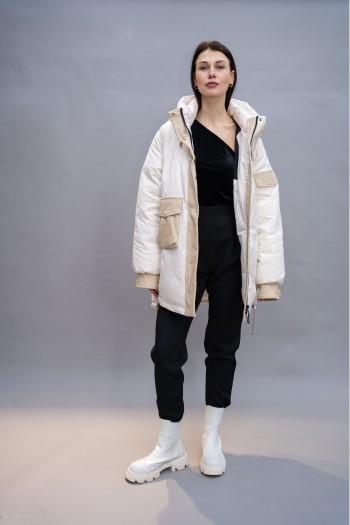 Куртка Elena store, с капюшоном, белого цвета, средней длины 9819