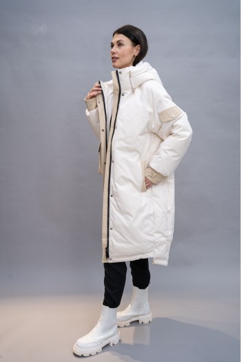 Куртка Elena store c капюшоном, молочного цвета, удлиненная 9855