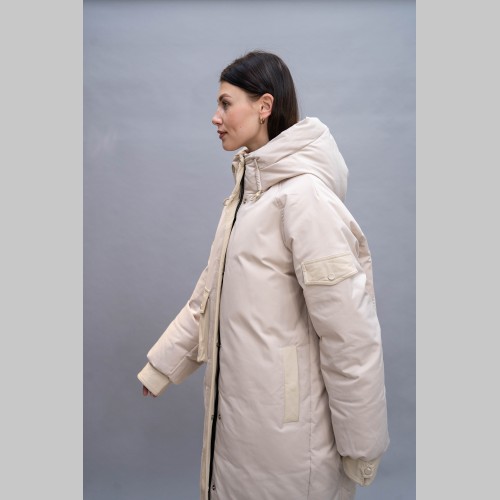Куртка Elena store, с капюшоном, бежевого цвета, удлиненной длины 9855-1