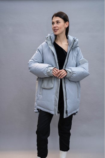 Куртка Elena store, с капюшоном, голубого цвета, средней длины 9819-2