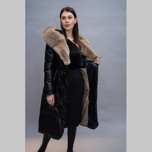 Пальто Elena store, с капюшоном-песец , черного цвета, удлиненной длины 23581