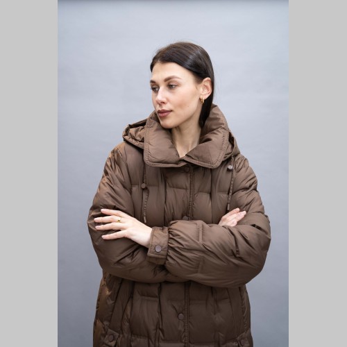 Куртка Elena store, с капюшоном, коричневого цвета, средней длины Es-9375