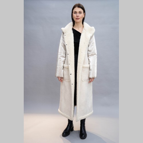 Пальто Elena store, с капюшоном, белого цвета, удлиненной длины 185-1
