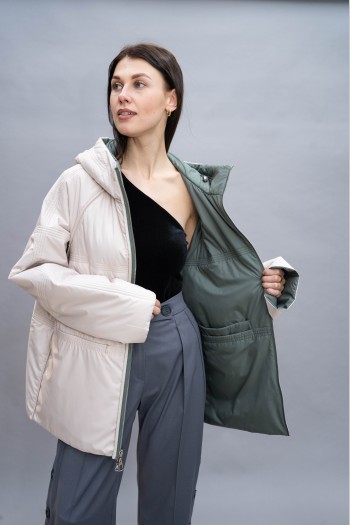 Куртка Elena store прямого фасона, укороченной длинны, двухсторонняя бежевого и хаки цвета, 9609