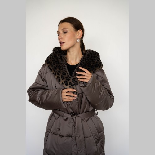 Куртка удлиненная Electra style, с капюшоном отделаным эко леопардом ES-2631