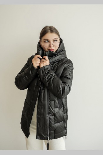 Женская куртка прямого фасона, средней длины, чёрная, 3137
